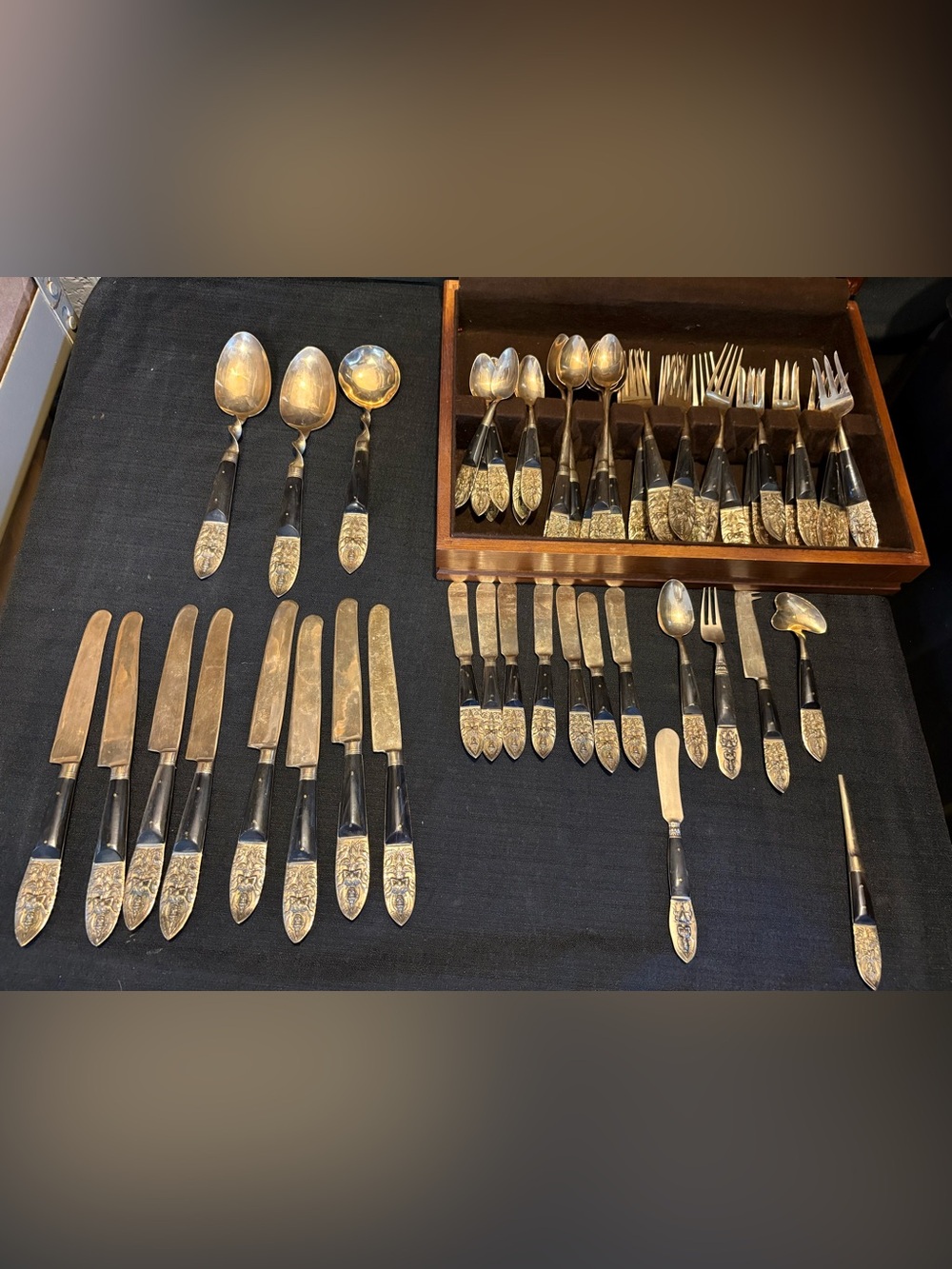 53 piece Mid Century Handmade VTG Siam Buddha Brass/Rosewood Flatware